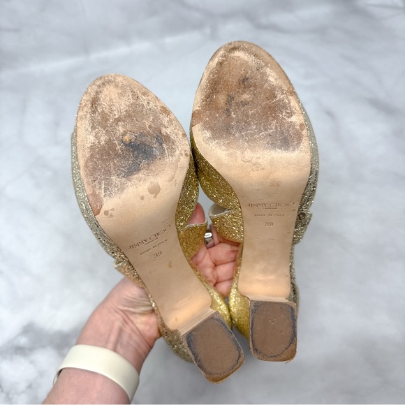 Jimmy Choo April 120 Metallic Foil Leather Platform Sandal Block Heels Gold 39 - Picture 11 of 16